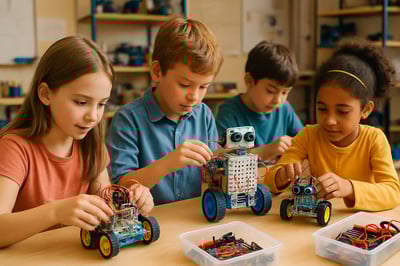 Children building robots together in a hands-on robotics workshop