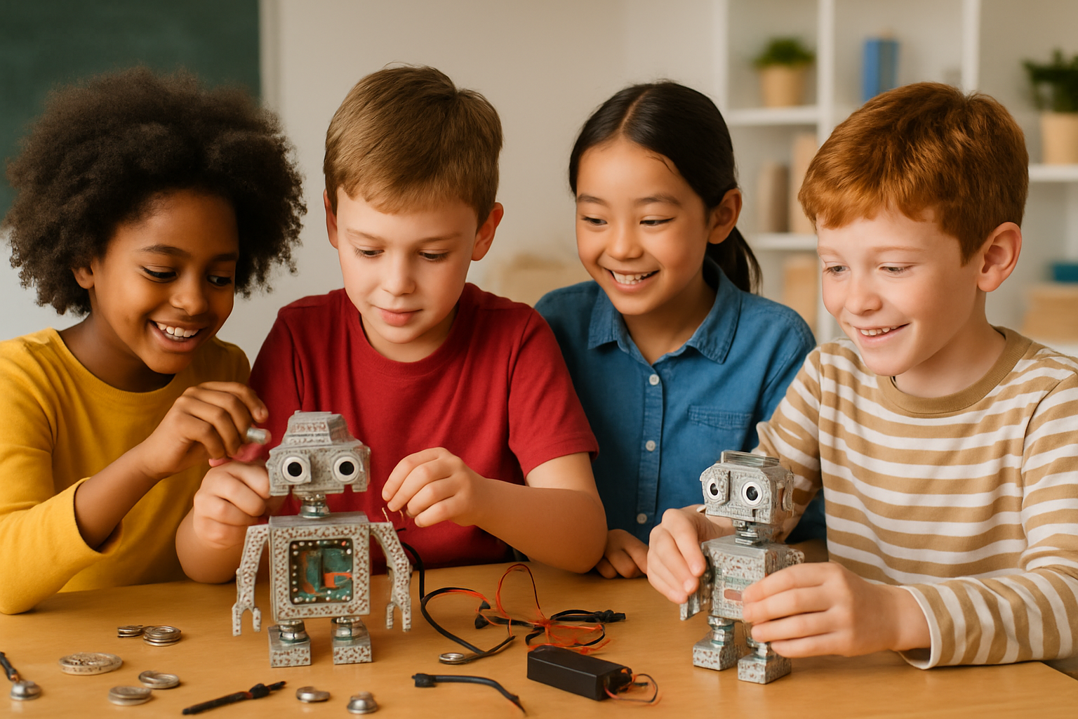 Children building simple robots together